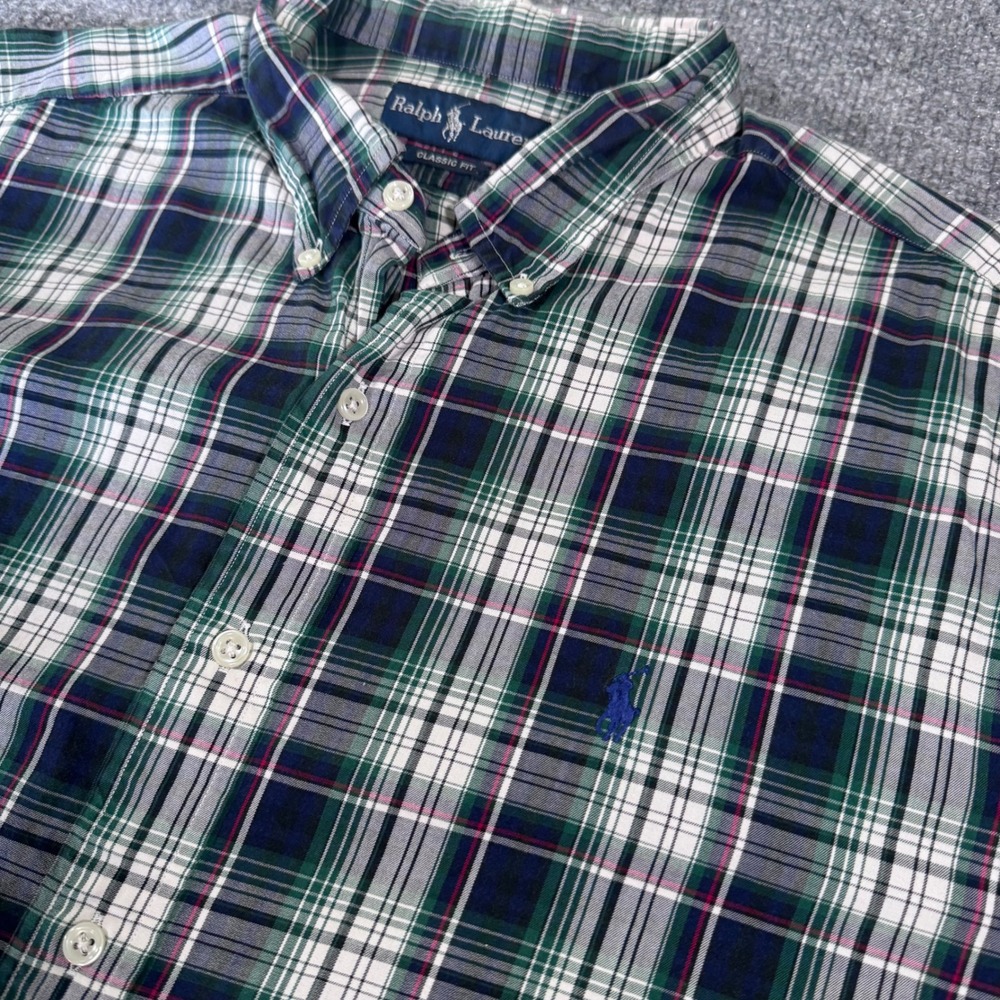 Ralph Lauren Button Down Shirt Mens XXL Plaid Cotton Classic Fit Green Navy